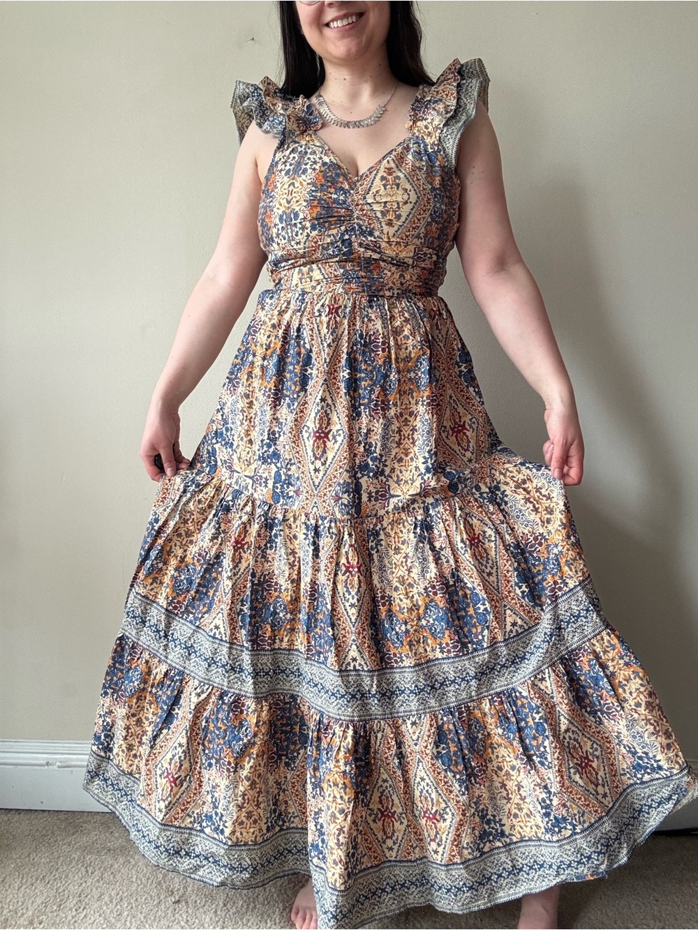 Caroline Constas Blue and Cream Tiered Maxi Dress